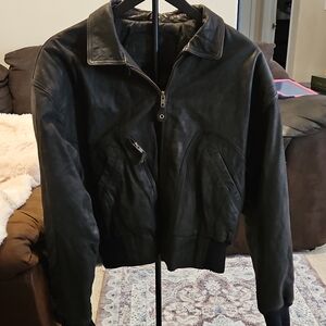 Classic Black Leather Bomber Jacket